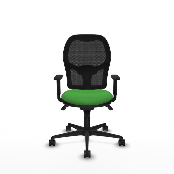 Silla de oficina Jorquera con mecanismo Sincro tapizada con Tela color Verde y malla color Negro. Equipada con lumbar 1D, Brazos 1D y Ruedas 65mm nailon