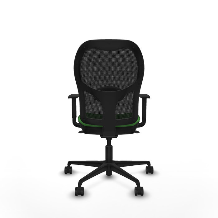 Silla de oficina Jorquera con mecanismo Sincro tapizada con Tela color Verde y malla color Negro. Equipada con lumbar 1D, Brazos 1D y Ruedas 65mm nailon