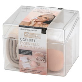 Cosmetic Club Estuche Esenciales Maquillaje con Desmaquilladores de Algodón, Esponja y Banda para el Pelo, Transparente