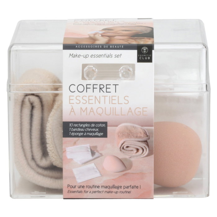 Cosmetic Club Estuche Esenciales Maquillaje con Desmaquilladores de Algodón, Esponja y Banda para el Pelo, Transparente