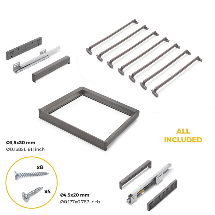 Emuca Kit de pantalonero de 7 varillas y bastidor regulable Quartz para armarios, guías de cierre suave y extracción total, Módulo 60cm, Acabado Titanio
