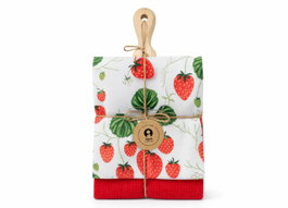 DKD Home Decor Set de 3 Paños de Algodón con Fresas y Tabla de Madera de Pino