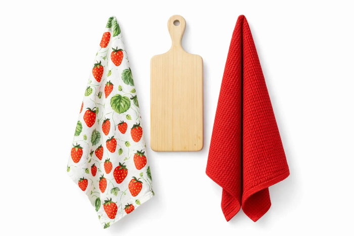 DKD Home Decor Set de 3 Paños de Algodón con Fresas y Tabla de Madera de Pino