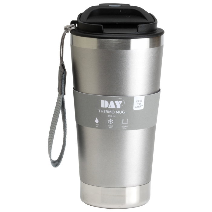 Day Mug Térmico 450 ml con Correa Doble Pared Acero Inoxidable Mantiene Calor 6h Frío 12h