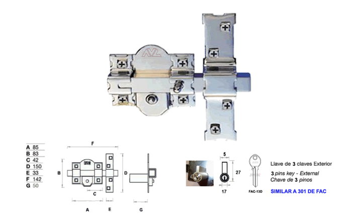 AVL Cerrojo 301-R-80 Europerfil 50 mm Llave/Botón AVL Cerrojo 301-R-80 Europerfil 50 mm Llave/Botón