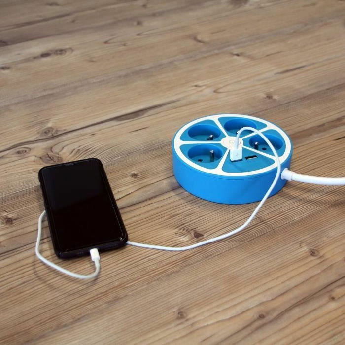 Chacon Regleta de diseño circular Azul con 4 tomas y 2 USB-A Chacon Regleta de diseño circular Azul con 4 tomas y 2 USB-A