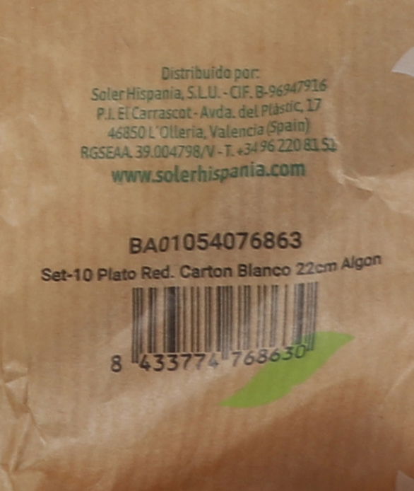 Algon Set 10 Platos Redondos Cartón Blanco 22 cm (24 Unidades)