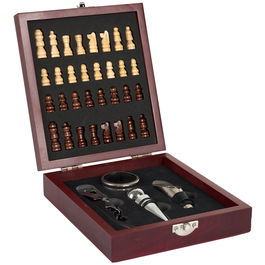 Cook Concept Juego de Vino y Ajedrez: Tablero, Piezas, Tapón Vertedor, Sacacorchos y Collarín Antigoteo