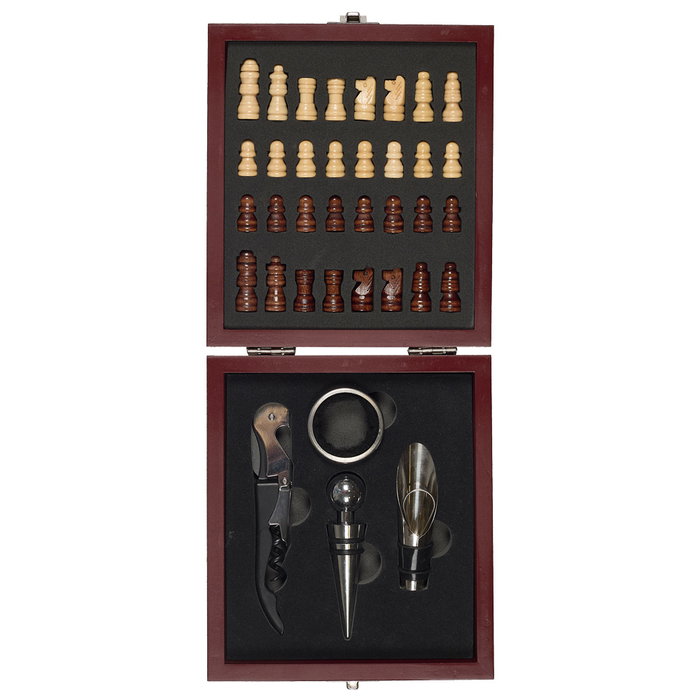 Cook Concept Juego de Vino y Ajedrez: Tablero, Piezas, Tapón Vertedor, Sacacorchos y Collarín Antigoteo