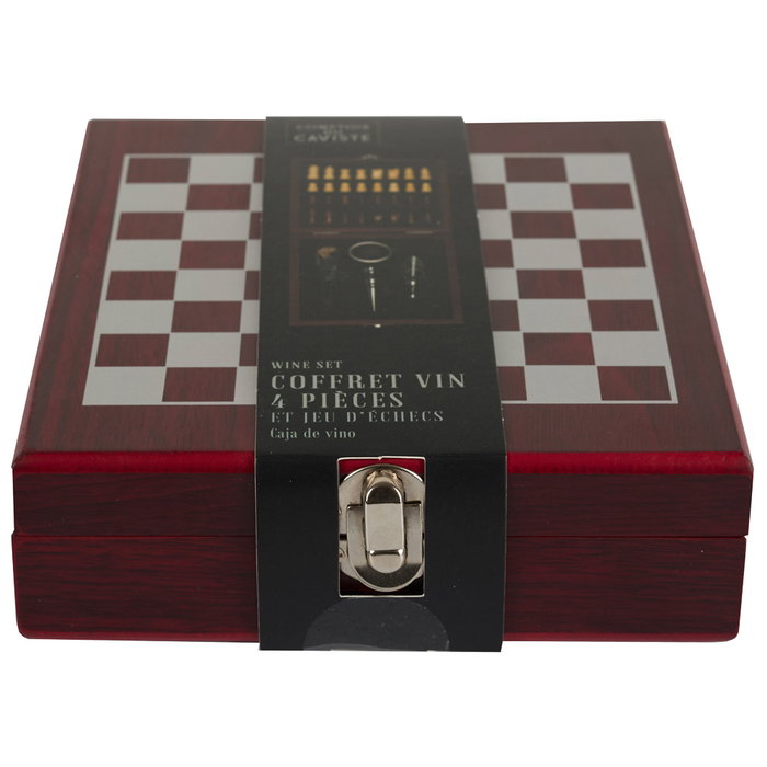 Cook Concept Juego de Vino y Ajedrez: Tablero, Piezas, Tapón Vertedor, Sacacorchos y Collarín Antigoteo