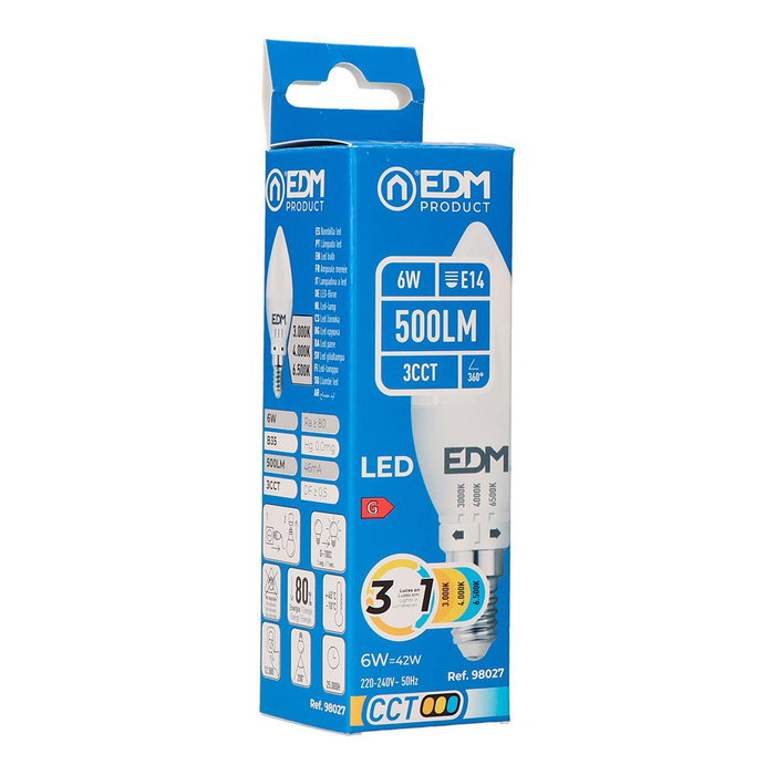 EDM Bombilla LED Vela B35 E14 6W 500LM 3CCT (3000K, 4000K, 6500K), 360° Flujo Luminoso, Clase G, 220-240V, ø35x106mm