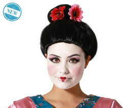 Peluca De Geisha Negra Con Flores Y Moño Alto 140 gr Ideal Cosplay Y Fiestas Temáticas Orientales