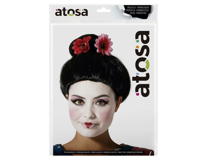 Peluca De Geisha Negra Con Flores Y Moño Alto 140 gr Ideal Cosplay Y Fiestas Temáticas Orientales
