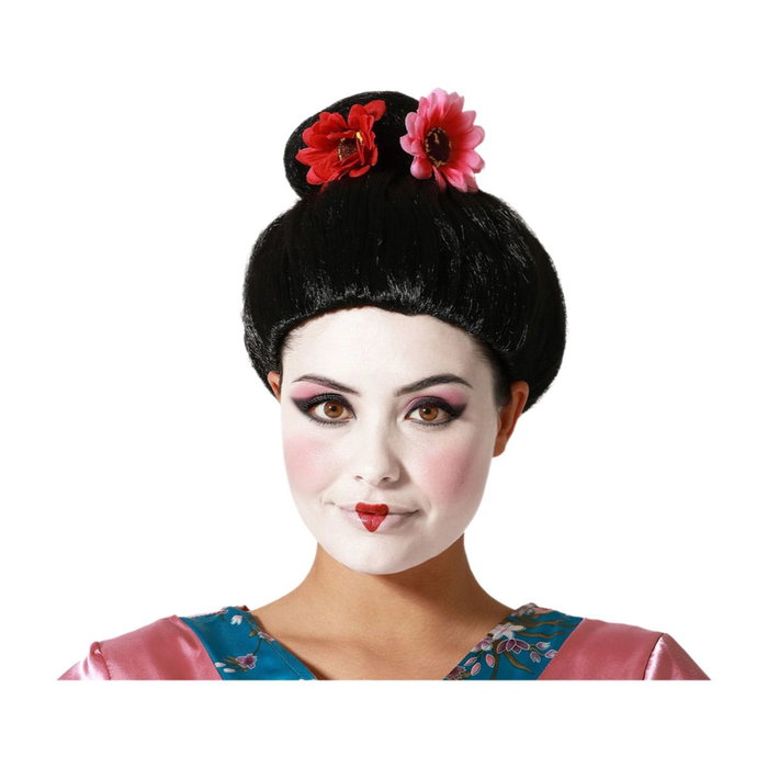 Atosa Peluca De Geisha Negra Con Flores Y Moño Alto