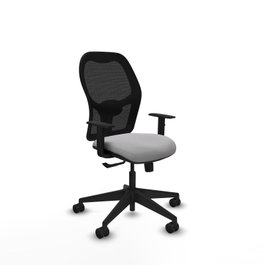 Silla de oficina Alocén con mecanismo Sincro tapizada con Tela color Gris claro y malla color Negro. Equipada con lumbar 1D, Brazos 1D y Ruedas 65mm nailon