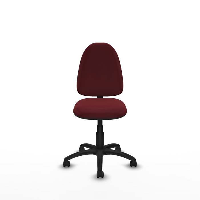 Silla de oficina Aýna con mecanismo Contacto permanente básico tapizada con Similpiel color Granate. Equipada con Base poliamida negra, Sin brazos y Ruedas de parqué