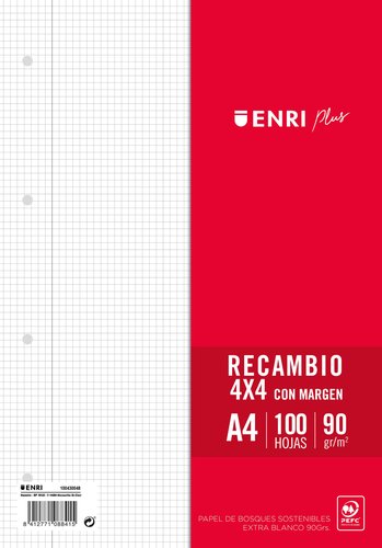 Enri Recambio Plus A4 100 Hojas 90g Cuadriculado 4x4mm con Margen para 4 Taladros Enri Recambio Plus A4 100 Hojas 90g Cuadriculado 4x4mm con Margen para 4 Taladros