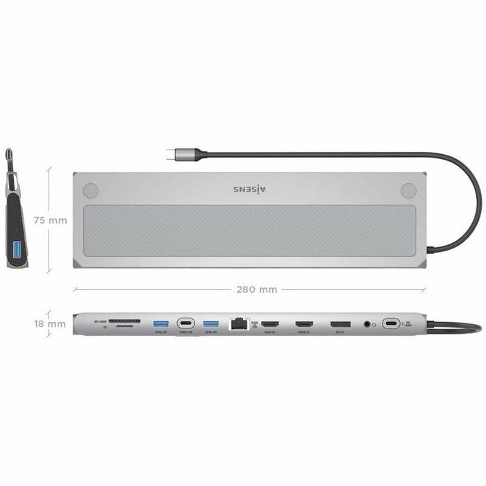 Aisens USB-C Dock 12 en 1 Gris ASUC-12P020-GR con 2xHDMI, DP, RJ45 y PD 100W