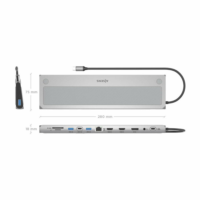 Aisens USB-C Dock 12 en 1 Gris ASUC-12P020-GR con 2xHDMI, DP, RJ45 y PD 100W