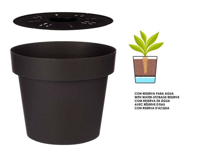 Ibergarden Maceta Plástico Antracita con Reserva de Agua 18L, 34x34x29 cm (Set de 6)
