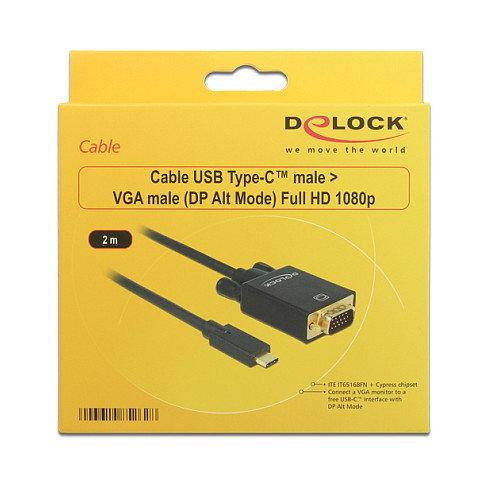 DeLOCK 85262 Cable Adaptador USB-C a VGA Macho, 2 m, Negro, 1080p Full HD 1920 x 1080, Plug and Play, para Windows y Mac