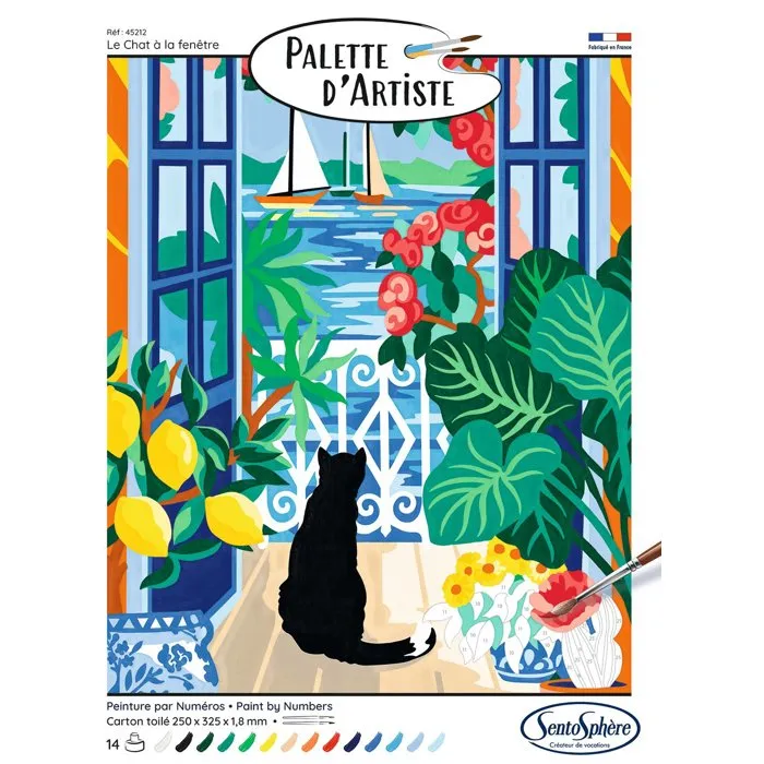Sentosphere AAAQX29392 Pintura por números para adultos, Lienzo con pintura acrílica, Paleta de artista, El gato en la ventana