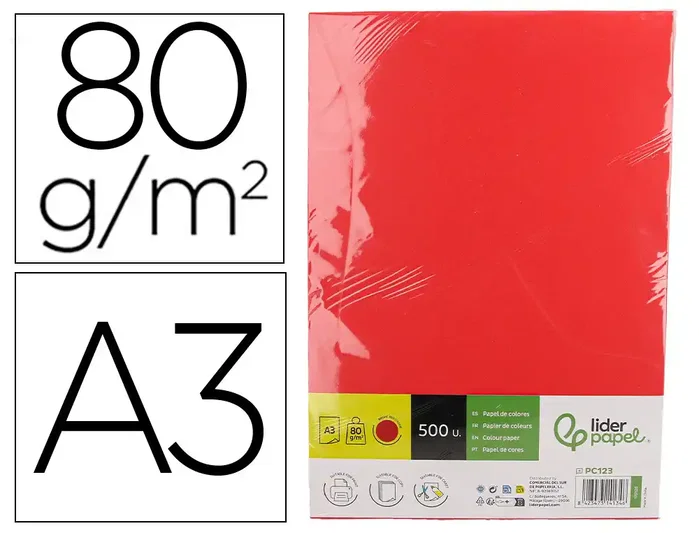 Liderpapel Papel de color Din A3 80 g Rojo intenso (500 hojas) Liderpapel Papel de color Din A3 80 g Rojo intenso (500 hojas)