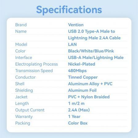 Vention Cable USB 2.0 Lightning Macho a USB Macho 480Mbps 1m Azul Vention Cable USB 2.0 Lightning Macho a USB Macho 480Mbps 1m Azul