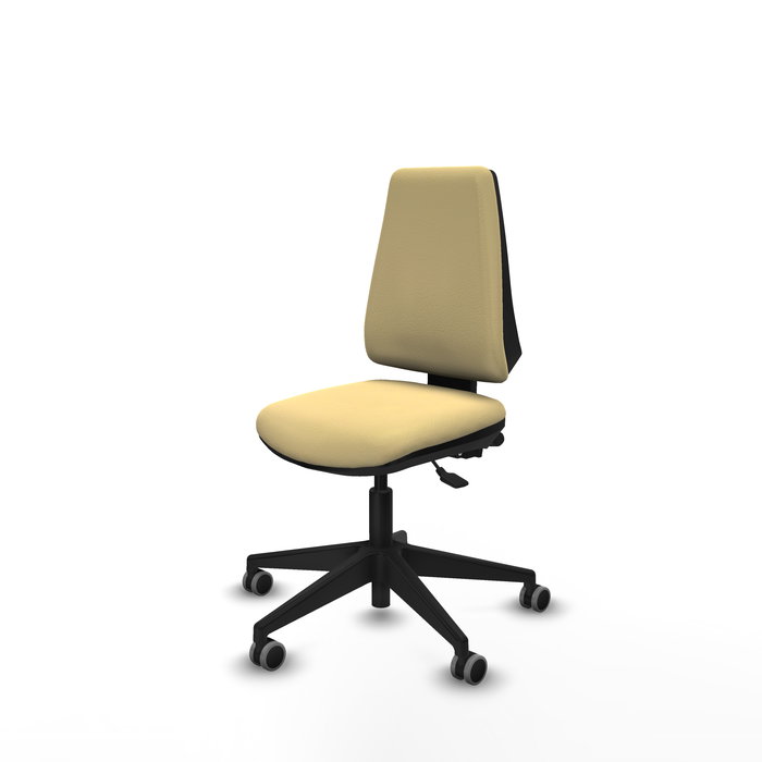 Silla de oficina Elche con mecanismo Asincro tapizada con Similpiel color Crema. Equipada con Base piramidal negra, Sin brazos y Ruedas 65 mm parqué