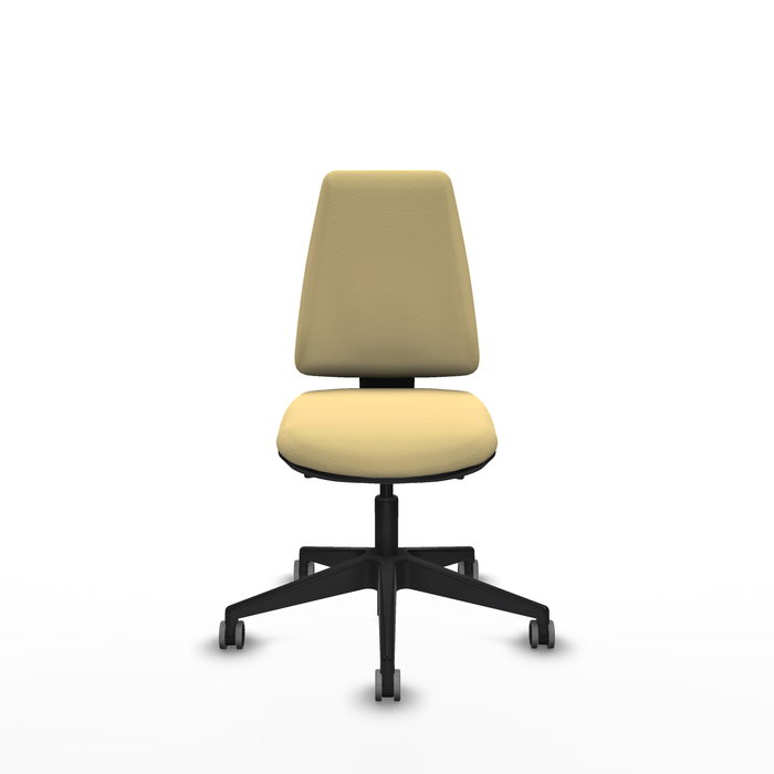 Silla de oficina Elche con mecanismo Asincro tapizada con Similpiel color Crema. Equipada con Base piramidal negra, Sin brazos y Ruedas 65 mm parqué