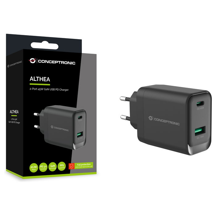 Conceptronic ALTHEA20B45 Cargador de dispositivos móviles 45W GaN con USB-C y USB-A Conceptronic ALTHEA20B45 Cargador de dispositivos móviles 45W GaN con USB-C y USB-A