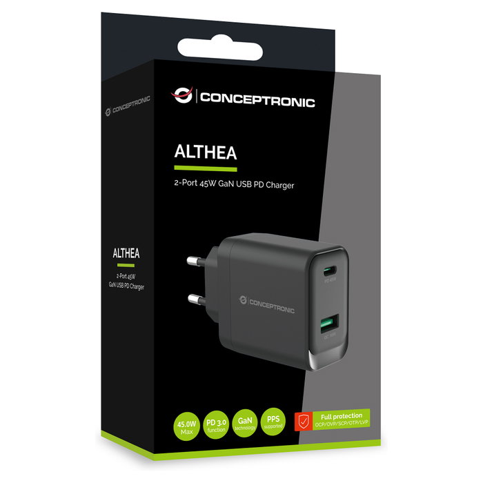 Conceptronic ALTHEA20B45 Cargador de dispositivos móviles 45W GaN con USB-C y USB-A Conceptronic ALTHEA20B45 Cargador de dispositivos móviles 45W GaN con USB-C y USB-A