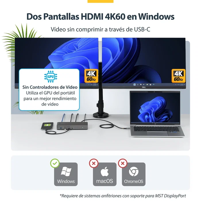 StarTech.com Docking Station USB-C Dual HDMI 4K 60Hz 100W PD Gris StarTech.com Docking Station USB-C Dual HDMI 4K 60Hz 100W PD Gris