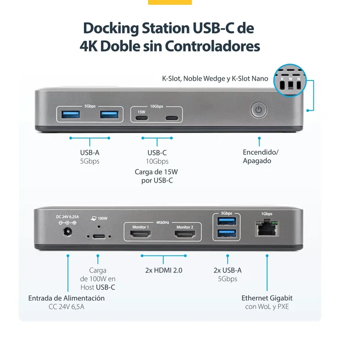 StarTech.com Docking Station USB-C Dual HDMI 4K 60Hz 100W PD Gris StarTech.com Docking Station USB-C Dual HDMI 4K 60Hz 100W PD Gris