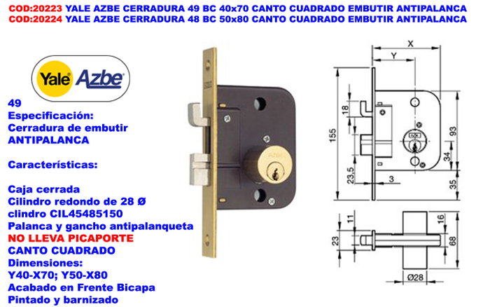 Yale AZBE 49 BC Cerradura de embutir 50x80 mm Antipicado Yale AZBE 49 BC Cerradura de embutir 50x80 mm Antipicado
