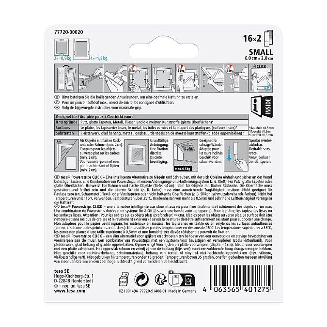 Tesa Powerstrips CLICK SMALL, cinta de velcro autoadhesiva 1.8kg 16x2