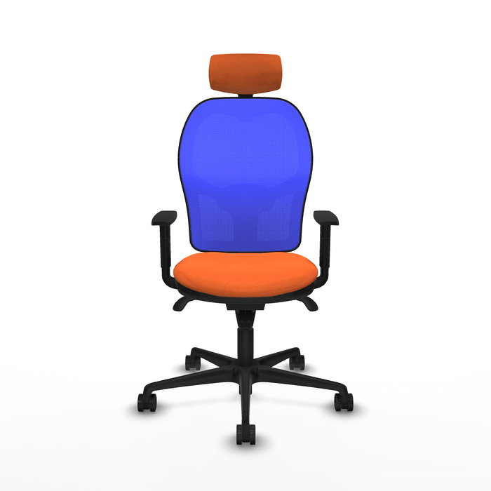Silla de oficina Jorquera con mecanismo Sincro tapizada con Tela color Naranja y malla color Azul. Equipada con lumbar 1D, Brazos 1D, Cabecero 2D y Ruedas 65mm nailon