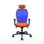 Silla de oficina Jorquera con mecanismo Sincro tapizada con Tela color Naranja y malla color Azul. Equipada con lumbar 1D, Brazos 1D, Cabecero 2D y Ruedas 65mm nailon