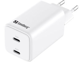 Sandberg Cargador USB-C Dual PD 65W con 2 Puertos, Para Portátil, Tablet y Smartphone, Carga Rápida, Compacto y Portátil