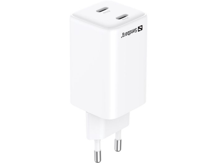 Sandberg Cargador USB-C Dual PD 65W con 2 Puertos, Para Portátil, Tablet y Smartphone, Carga Rápida, Compacto y Portátil