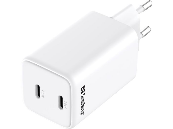 Sandberg Cargador USB-C Dual PD 65W con 2 Puertos, Para Portátil, Tablet y Smartphone, Carga Rápida, Compacto y Portátil