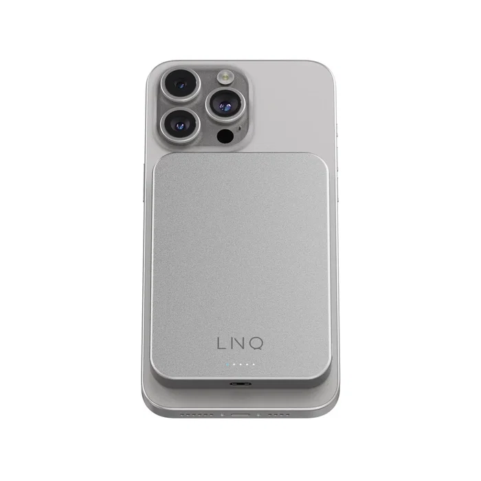 LINQ LQWP052 Batería Externa 5000 mAh Power Bank Magnética e Inalámbrica, Compatible MagSafe, Carga USB-C PD 20W, Plata Aluminio y Plástico