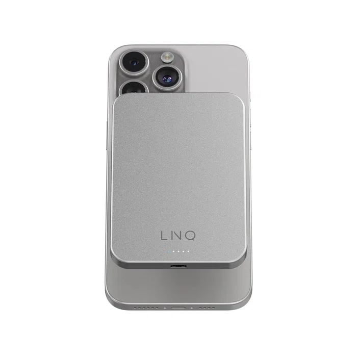 LINQ LQWP052 Batería Externa 5000 mAh Power Bank Magnética e Inalámbrica, Compatible MagSafe, Carga USB-C PD 20W, Plata Aluminio y Plástico