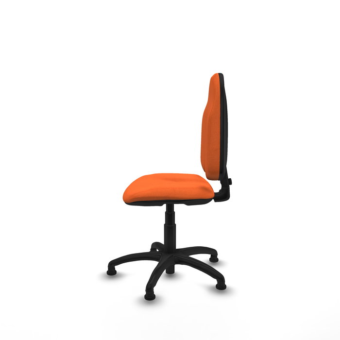 Silla de oficina Algarra con mecanismo Contacto permanente básico tapizada con Tela color Naranja. Equipada con Base poliamida negra, Sin brazosy Topes