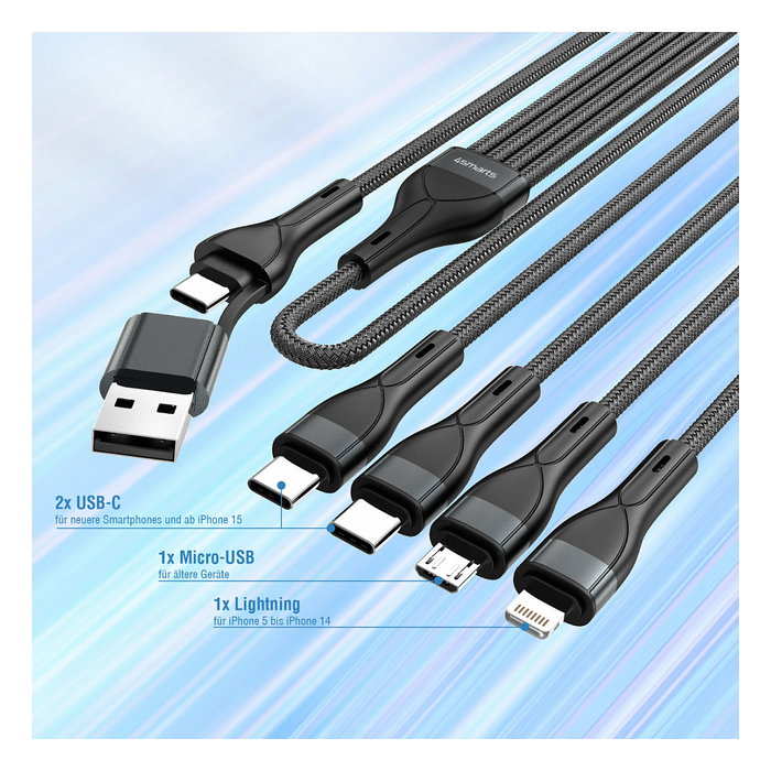 4smarts Cable de Carga 4en1 1.2m USB-C/A, Micro USB, Lightning, Nylon Negro - 541023