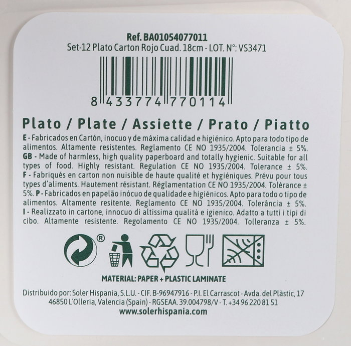 Algon Set 12 Platos Carton Rojo Cuadrados 18 cm (18 Unidades)