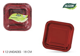 Algon Set 12 Platos Carton Rojo Cuadrados 18 cm (18 Unidades)