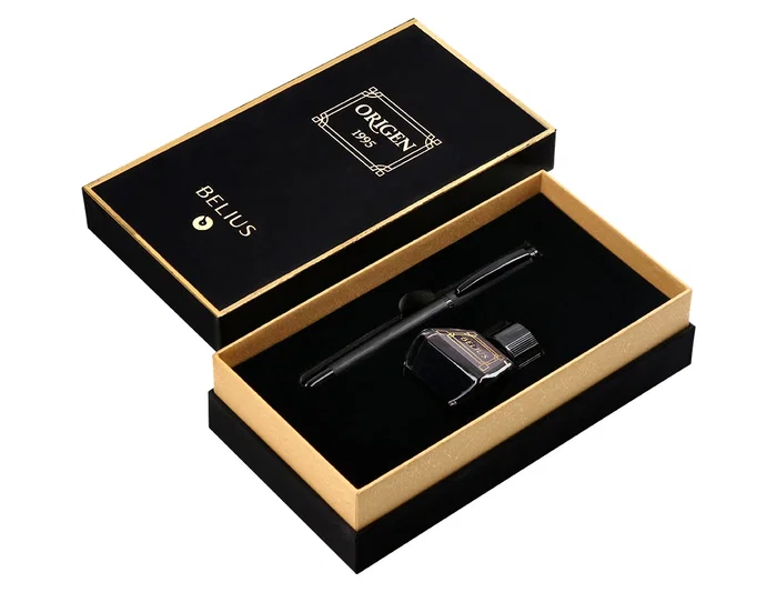 Belius Origen 1995 Pluma Estilográfica y Tinta Negra, Aluminio Cepillado Negro, Sistema Embolo, Grosor M, Caja Regalo