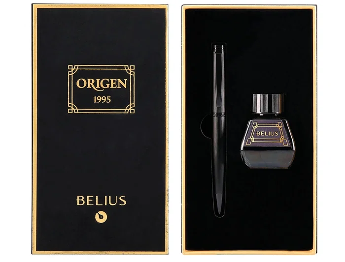 Belius Origen 1995 Pluma Estilográfica y Tinta Negra, Aluminio Cepillado Negro, Sistema Embolo, Grosor M, Caja Regalo