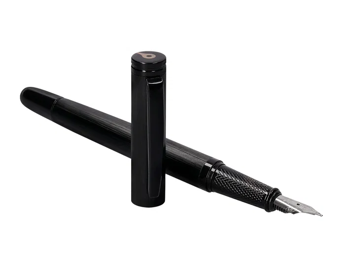 Belius Origen 1995 Pluma Estilográfica y Tinta Negra, Aluminio Cepillado Negro, Sistema Embolo, Grosor M, Caja Regalo